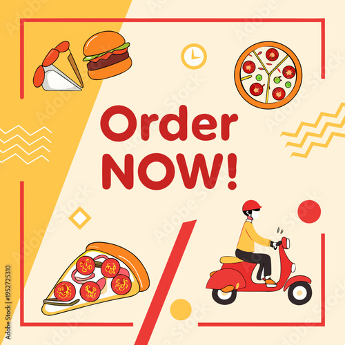Online food ordering pizza burger and delivery scooter graphic for fast food service and restaurant promotion