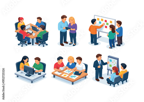Teamwork. Isometric flat vector icons set of Teamwork: group of coworkers around office table with laptops, two colleagues discussing project over tablet, team