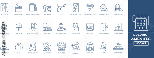 Building amenities line icon set. Parking, elevator, security, meeting room, storage, reception, swimming pool, pet-friendly, gym, and more.Editable outline icons collection.