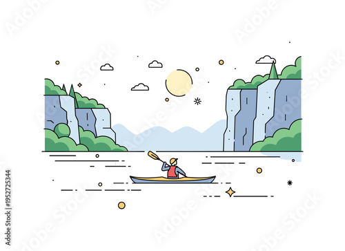 Scenic kayak adventure with a lone paddler drifting across reflective water beneath high cliffs and layered treetops conveying freedom and mindfulness.