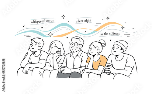 Audience listening to poetry. People seated closely, listening attentively with relaxed postures and thoughtful expressions. Abstract sound waves and text