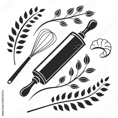 Bakery and kitchen tools with wheat ears and croissant, baking outline illustration, cooking instruments, silhouette vector isolated