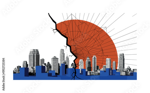 Black and white vintage city skyline split by visible fracture, large burnt orange semicircle radiating from the crack, thin black structural grid lines