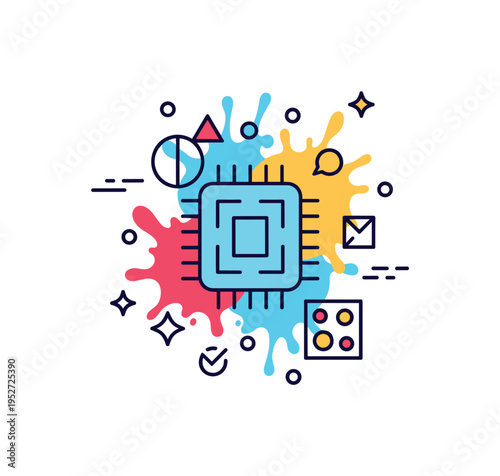 Machine learning creativity badge featuring a central chip icon surrounded by paint splashes and geometric shapes, representing data driven design and artistic