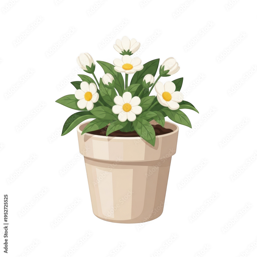 Fototapeta premium A small potted plant with green leaves and white flowers on a white background isolated on transparent background
