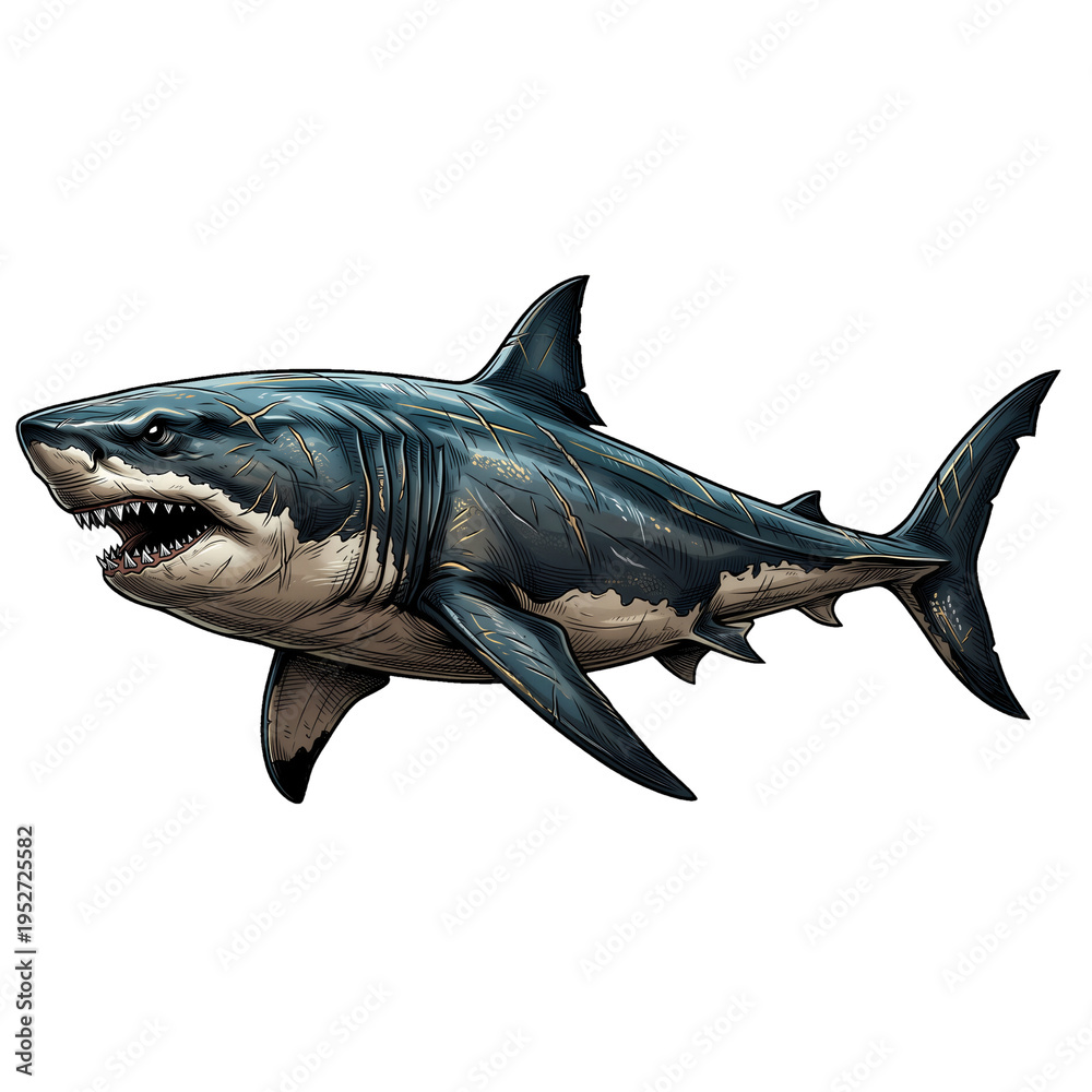 Fototapeta premium A large shark with sharp teeth swims in the dark water