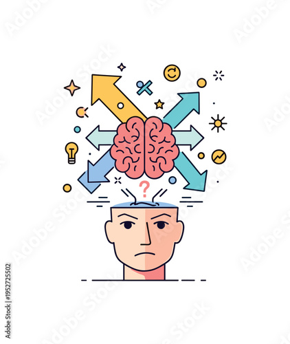 Brainstorm chaos scene illustrated with overlapping arrows and symbols above a focused face silhouette, conveying conflict between ideas and lack of clarity. A