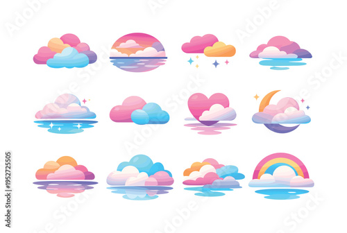 Dreamy clouds. Colorful flat vector icons set of dreamy clouds: soft clouds, pastel cloudscape, floating clouds, gentle sky shapes, calm cloud forms, airy