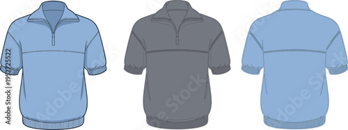 Light blue and grey short sleeve zip neck polo shirts with ribbed cuffs and hem displayed from front and back