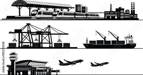 Transportation silhouettes of train station, seaport, and airport, vector illustration of global logistics and urban infrastructure for industry, travel, and design concepts