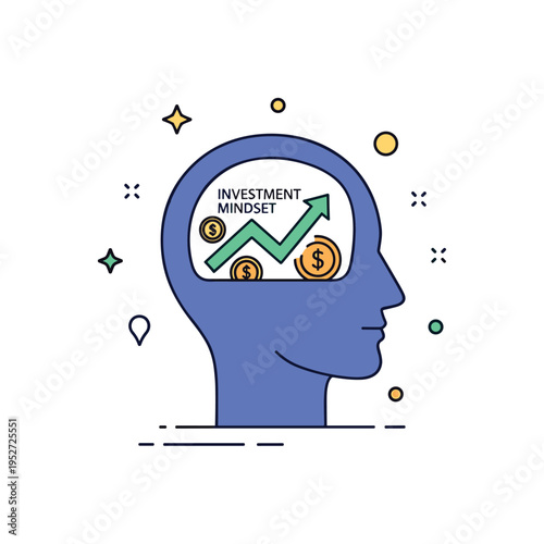 Investment mindset growth silhouette head icon with a rising arrow and subtle coin symbols inside. A positive editorial illustration about knowledge,