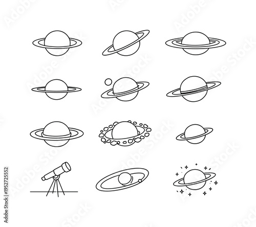 Planetary Rings. Minimalistic set one-line drawing ringed planet front view, tilted ringed planet, planet with wide rings, planet with thin rings, small moon