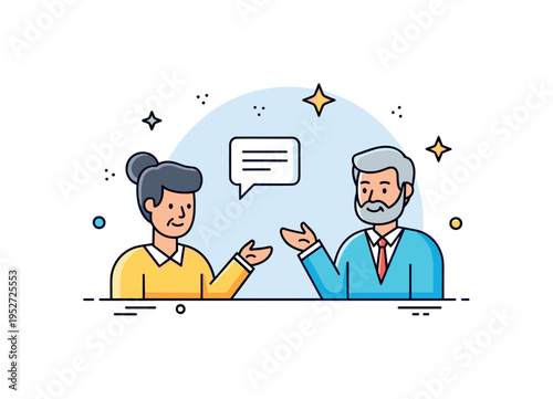 Mentorship and consulting after retirement concept shown as an experienced professional guiding a younger colleague with a small speech bubble icon between