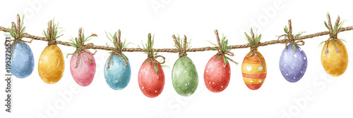 colorful easter eggs hanging on rope isolated on white or transparent png
