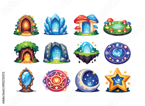 Fantasy portals. Colorful flat vector icons set of Fantasy portals: enchanted doorway, crystal gate, glowing mushroom portal, fairy ring, magic tree hollow,