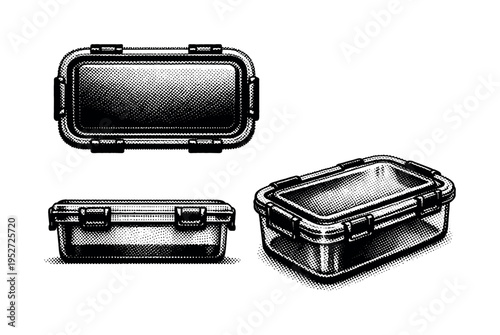 Rectangular lunch storage container with snap locks shown in three views: top view with lid, side view showing locking clips, and angled perspective. Black and
