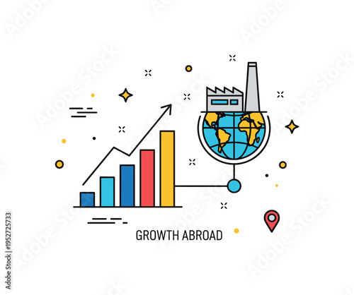 Emerging market investment illustration featuring a rising bar chart beside a small factory icon connected to a globe. A gentle ?Growth Abroad? text detail