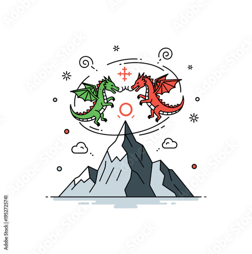 Dragon duel above mountain peak featuring two stylized creatures circling a sharp summit with tiny smoke swirls, symbolizing dominance and legendary