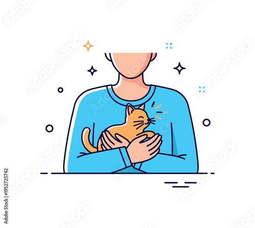 Pet and owner bond theme featuring a person gently holding a small kitten near their chest with minimal spark accents, symbolizing tenderness and trust. The