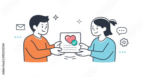 Building brand trust. Two characters exchanging a document with a small heart badge and checkmark, suggesting transparency and emotional connection between