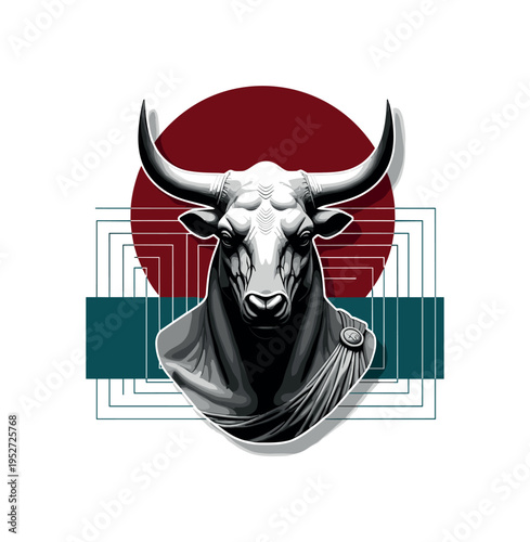 Black and white minotaur bust facing forward, oversized dark red circle framing the head, deep teal horizontal block anchoring the base, abstract maze-like