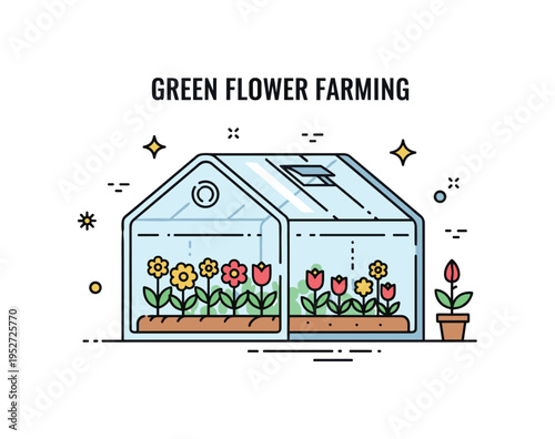 Greenhouse flower farming illustrated through a simple glasshouse silhouette containing neatly arranged blooming plants, expressing controlled cultivation and