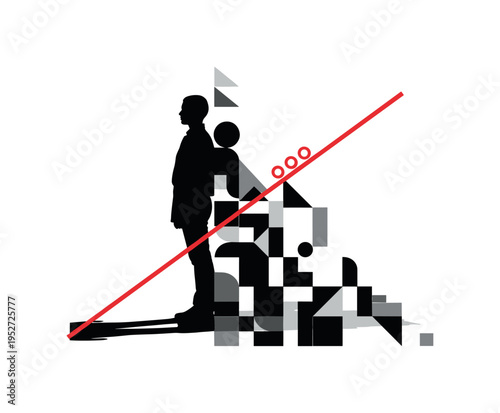 black and white standing model casting a strong shadow silhouette turned into abstract geometric blocks, red diagonal line separating figure and shadow,