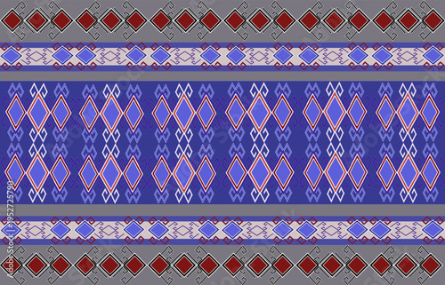 Fabric pattern,indigo color,modified triangle pattern in red and blue.