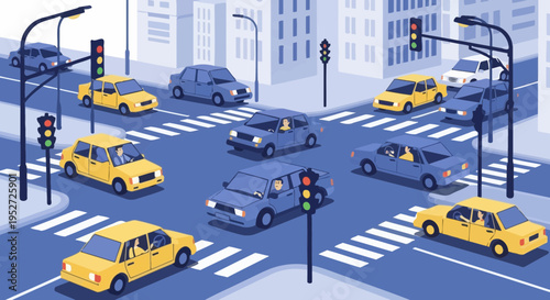 Busy City Intersection with Cars and Traffic Lights, Urban Traffic Jam