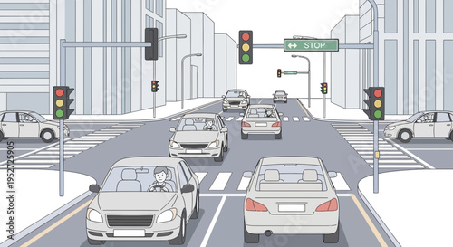 Busy City Intersection with Traffic Lights and Cars