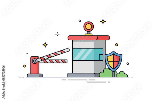 Border security outpost featuring a small checkpoint booth with barrier arm and shield emblem, communicating vigilance and controlled access. The scene feels