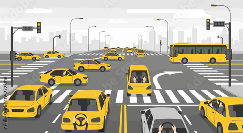Busy City Intersection with Yellow Taxis and Bus, Traffic Lights, Pedestrian Crossings