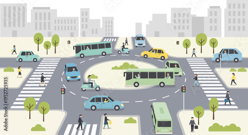 Busy city roundabout with cars, buses, and pedestrians in traffic jam