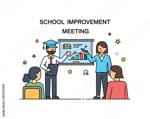School improvement meeting concept featuring a principal and teachers discussing performance metrics displayed on a small board icon, representing data driven