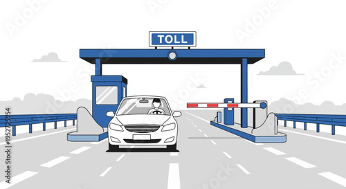 Car approaching toll booth on highway, barrier raised, payment system, traffic infrastructure