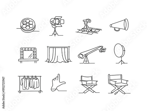 Classic Film Studio Setup. Minimalistic set one-line drawing [film reel canister, studio spotlight with barn doors, camera dolly track, megaphone, script