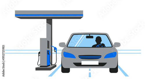 Car at gas station, fueling up, driver inside, modern transportation concept
