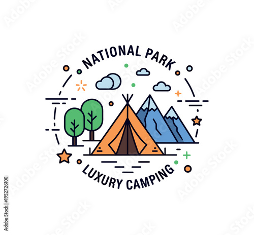 National park luxury camping badge featuring a tent framed by a subtle circular outline with tree and mountain icons, symbolizing protected landscapes and