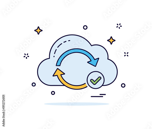 Cloud backup and recovery symbolized by a rounded cloud with a circular refresh arrow and a small check mark, communicating safety and data restoration