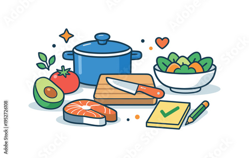 Nutrition meal planning promoting mindful preparation and positive food relationships. A calm visual metaphor using simple cookware and fresh ingredients