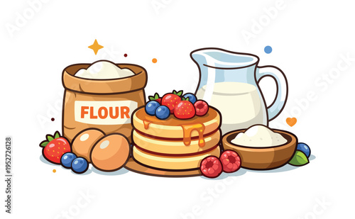 Fresh berries and pancake ingredients a simple arrangement where eggs, flour and milk surround a small pancake stack while berries add color and freshness,