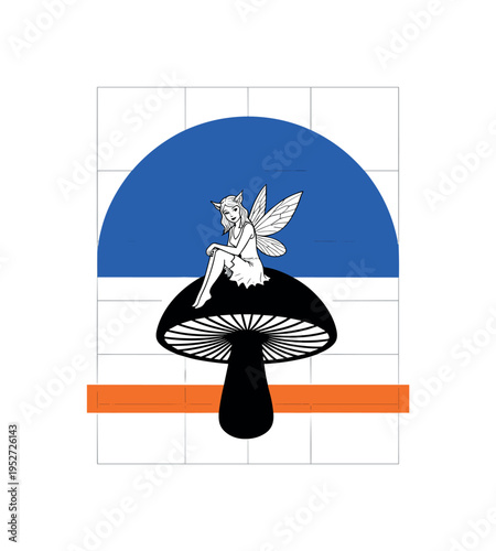 Black and white fae seated on simplified mushroom silhouette, bold blue semicircle framing upper portion like enchanted aura, orange horizontal