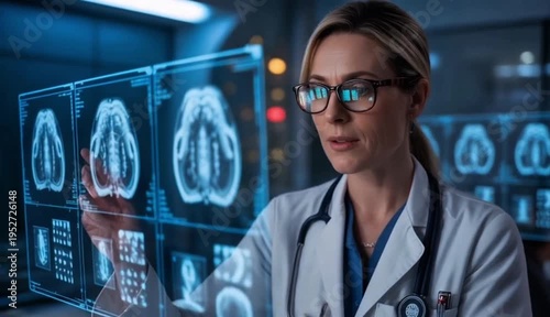 A female doctor examines holographic brain scans in a futuristic medical research laboratory.