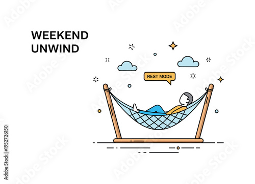 Weekend unwind concept showing a cozy hammock stretched across a simple wooden frame with a relaxed silhouette inside. Subtle cloud shapes and a tiny ?Rest
