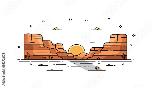 Desert canyon sunset scene illustrated by warm layered cliffs and a half visible sun casting long simple shadows, conveying calm evening atmosphere and vast