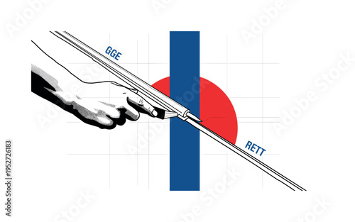 Black and white hand applying sealant along roof seam, bold red semicircle tucked behind the seam area, deep blue vertical stripe dividing damaged and repaired