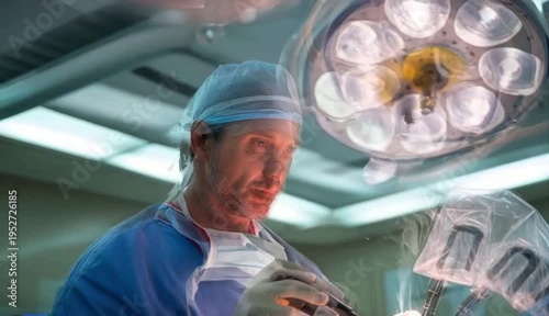 Focused surgeon performs delicate operation in a modern operating room using advanced medical tools.