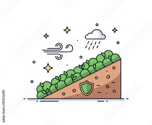 Erosion control with cover crops depicted as a sloped field secured by dense green vegetation holding the soil in place while small wind and rain icons appear