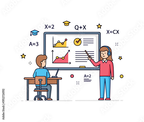 Digital whiteboard classroom illustrated by a simplified screen with graph and formula icons, representing remote teaching and subject clarity. The compact