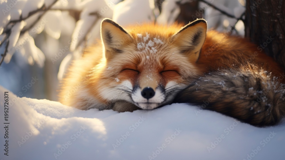 Fototapeta premium A photo of a fox curled up in snow
